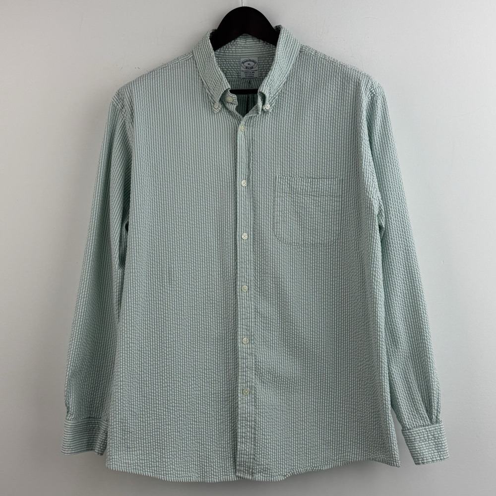 Brooks Brothers Button Down Shirt Mens XL Green Seersucker Stripe Original Polo